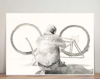 Problemas con la bicicleta - tinta - blanco y negro - ilustración - arte de pared - impresión artística - Holanda - decoración del hogar - simple - ciclismo - bicicletas - Ámsterdam