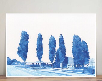 Árboles azules - paisaje - ilustración - arte de pared - impresión artística - dibujo a tinta - decoración del hogar - espiritualidad - zen - paz - campo