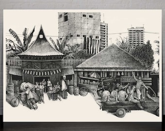 Jakarta Straße 3 - Zeichnung - Illustration - Wandkunst - Kunstdruck - Stift & Tinte - Wohnkultur - Landschaft - Indonesien - detailliert - Zen - SE Asien