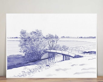 Paisaje holandés - dibujo - ilustración - arte de pared - impresión artística - pluma y tinta - decoración del hogar - paisaje - Frisia - Holanda - zen - paz