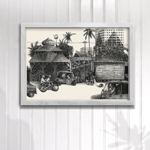 Jakarta street 4 dessin illustration art mural impression dart stylo encre décor à la maison paysage Indonésie détaillé zen SE Asie image 4