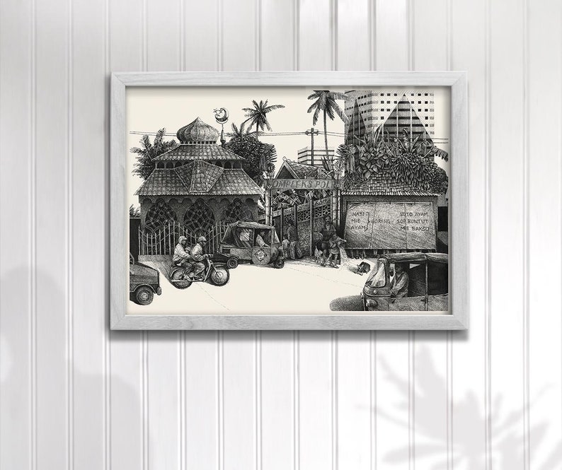 Jakarta street 4 dessin illustration art mural impression dart stylo encre décor à la maison paysage Indonésie détaillé zen SE Asie image 4