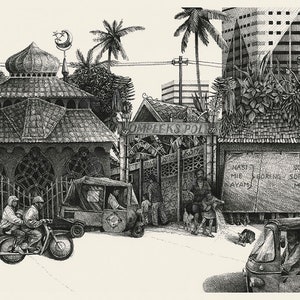 Jakarta street 4 dessin illustration art mural impression dart stylo encre décor à la maison paysage Indonésie détaillé zen SE Asie image 2