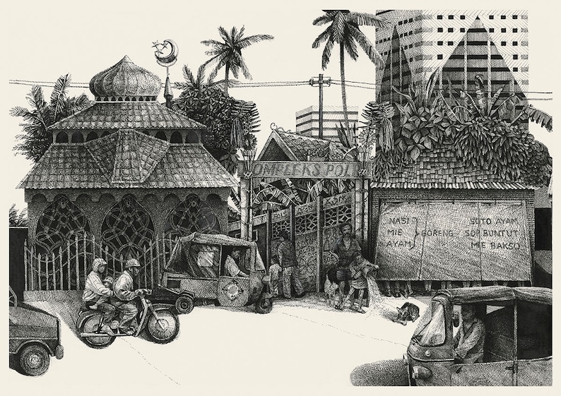 Jakarta street 4 dessin illustration art mural impression dart stylo encre décor à la maison paysage Indonésie détaillé zen SE Asie image 2