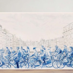 Amsterdam Radfahrer - Straßenszene - Illustration - Wand Kunst - Stadtleben - Radsport - Stadtleben - Radsport - Tusche und Bleistift