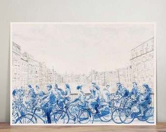 Amsterdam cyclists - Street Scene - illustration - wall art - art print - city life - home decor - ink and pencil - cycling - Holland