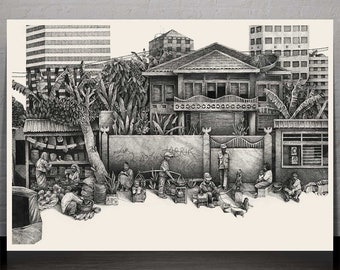 Jakarta Straße 5 - Zeichnung - Illustration - Wandkunst - Kunstdruck - Stift & Tinte - Wohnkultur - Landschaft - Indonesien - detailliert - Zen - SE Asien