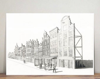 Amsterdam - Street Scene - Europe - illustration - wall art - art print - pen and ink - home decor - black and white - surreal