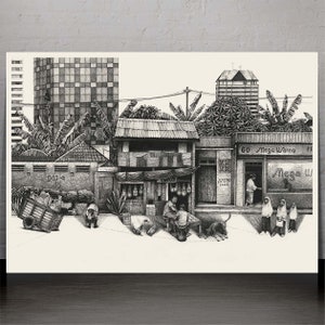 May include: A black and white pen and ink drawing of a street scene in a city. The drawing depicts a street lined with small shops and buildings, with people walking by. The drawing is done in a realistic style, with detailed shading and textures.