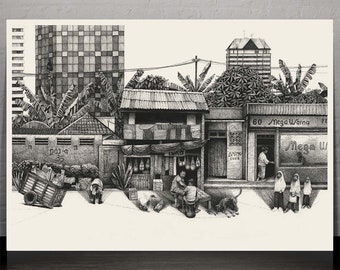 Jakarta street 1 - drawing - illustration - wall art - art print - pen & ink - home decor - landscape - Indonesia - detailed - zen - SE Asia