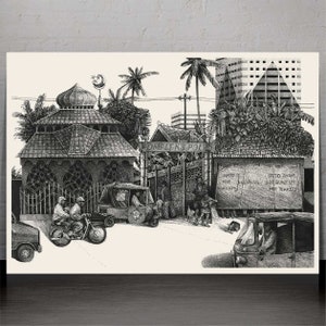 Jakarta street 4 dessin illustration art mural impression dart stylo encre décor à la maison paysage Indonésie détaillé zen SE Asie image 1