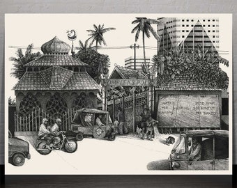 Jakarta street 4 - drawing - illustration - wall art - art print - pen & ink - home decor - landscape - Indonesia - detailed - zen - SE Asia
