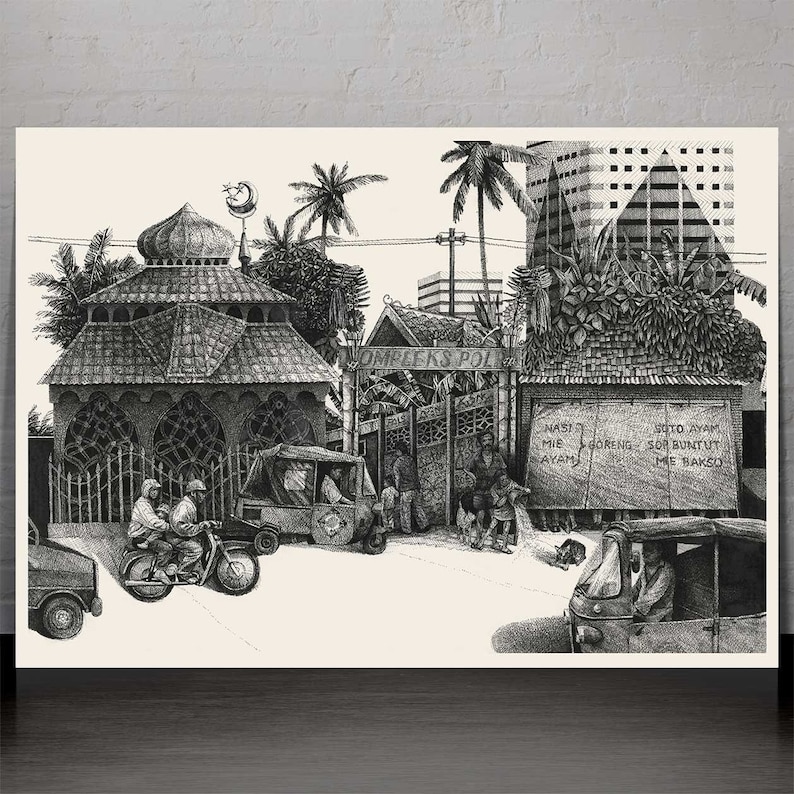 Jakarta street 4 dessin illustration art mural impression dart stylo encre décor à la maison paysage Indonésie détaillé zen SE Asie image 1