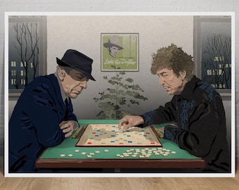 Lámina artística de Bob Dylan y Leonard Cohen / Regalo para papá o mamá / Retrato de leyenda de la música / Arte mural del compositor