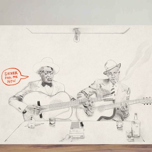 Leadbelly and Robert Johnson - Blues - musicians - wall art - icons - black and white - ink drawing - illustration - lyrics - zen