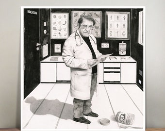 Dr Now - ilustración - arte de pared - impresión artística - blanco y negro - decoración del hogar - surrealista - Nowzaradan - divertido - pluma y tinta - blanco y negro