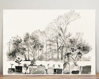 Beautiful trees - landscape - illustration - wall art - art print - ink drawing - home decor - spiritual - zen - peaceful - black and white