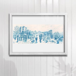 StreetView illustration wall art art print portrait home decor poster highly detailed street scene in blue ink image 5