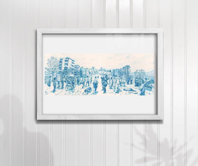 StreetView illustration wall art art print portrait home decor poster highly detailed street scene in blue ink image 5