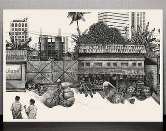 Jakarta Straße 2 - Zeichnung - Illustration - Wandkunst - Kunstdruck - Stift & Tinte - Wohnkultur - Landschaft - Indonesien - detailliert - Zen - SE Asien