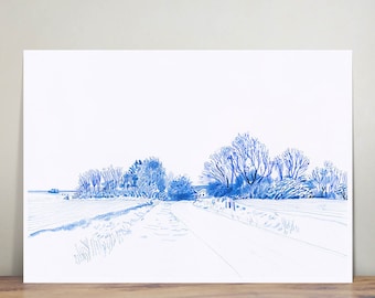 Paisaje holandés - boceto - ilustración - arte de pared - impresión artística - pluma y tinta - decoración del hogar - paisaje - Frisia - Holanda - zen - paz