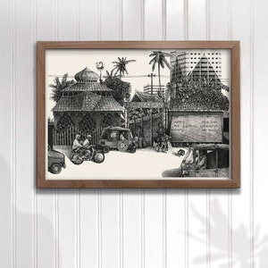 Jakarta street 4 dessin illustration art mural impression dart stylo encre décor à la maison paysage Indonésie détaillé zen SE Asie image 5