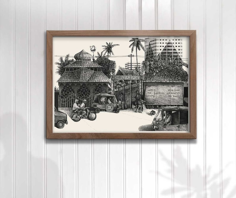 Jakarta street 4 dessin illustration art mural impression dart stylo encre décor à la maison paysage Indonésie détaillé zen SE Asie image 5