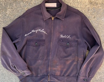 Vintage 60s XL Mechanic Work Jacket with Chainstitch, Faded Dark Indigo