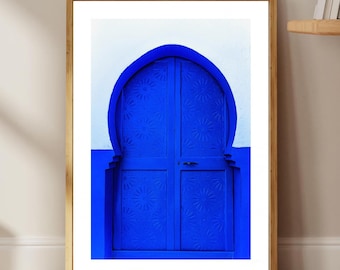 Arte mural marroquí / Foto de la ciudad azul de Chefchaouen / Decoración marroquí / Puerta rústica / Arte en lienzo / Decoración azul / Impresiones de bellas artes / Arte islámico