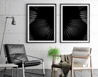 Palm Leafs Print Set, Set de 2 impressions, Impression noir et blanc, Décor mural intérieur noir, Art mural moderne minimaliste, Grand art mural,