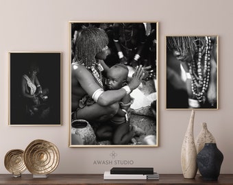 Mother And Child Print, Africa Woman Art, Black And White Portrait Photography, Hamar Tribe Ethiopia, Digital Wall Art Print, Large Canvas