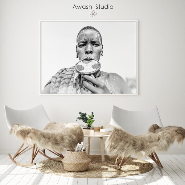 African Woman Portrait, Black And White Photograph, Ethiopia Art, Afrocentric Decor, Large Living Room Canvas, Wall Art Print, Travel Poster