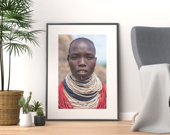 Africa Photography, Black Women Portrait, Wall Art Print, Red White Blue Beaded Necklace Decor, Ethiopia Ethnic Tribe, Afrocentric Canvas