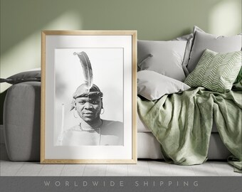 African American Art Print, Black And White Poster, African Photography Portrait, Tribal Boho Feather Wall Decor, Large Entryway Canvas