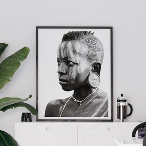 Wall Art Prints, Africa Photography, Black And White Portrait, Black Women Art, Tribe Ethiopia, Afrocentric Shelf Decor, Stretched Canvas image 2
