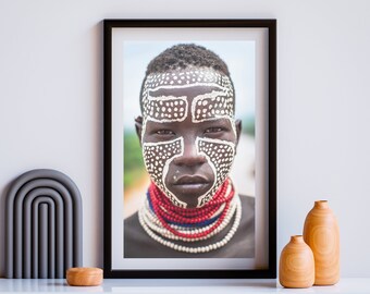 African Photography, Wall Art Print, Face Paint, Ethiopia Karo Tribe, Travel Photography,  Large Living Room Canvas, Afrocentric Gift