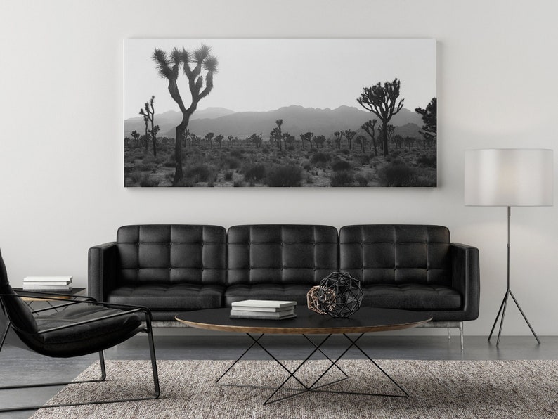 Joshua Tree California Photography, Wall Art Prints, Black And White Photograph, Large Stretched Canvas, Panoramic, Southwestern Home Decor image 2