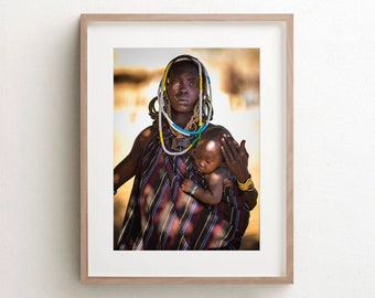 African Wall Art, Ethiopia Prints, Mursi Tribe Portrait Stretched Canvas, Travel Photography, Afrocentric Wall Decor, African American Art
