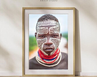Fotografía africana / Retrato de la tribu Karo / Impresión de arte mural de África / Póster de viaje a Etiopía / Arte original / Decoración de lienzo afrocéntrica /