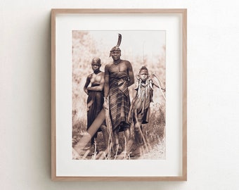 African Wall Art, Sepia Photography, Mursi Tribe Ethiopia, Large Canvas Art, Travel Photography, Wall Decor, Boho Interior Art, Afrocentric