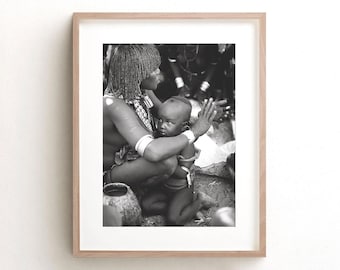 Arte mural de madre e hijo / Arte afroamericano / Arte de mujeres negras / Impresión en blanco y negro / Fotografía de África y Etiopía / Decoración afroboho