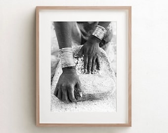 Africa Hands Food Print, Black And White Photo, Kitchen Decor, Cafe Restaurant Interior Wall Art,  Ethnic Bracelet, Living Room Canvas