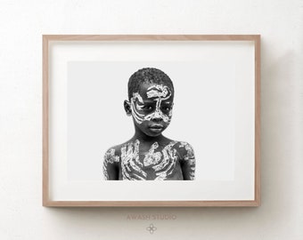 Africa wall Art Print, Black And White Portrait, Large Canvas, Travel Photography, Ethnic Culture Decor, Karo Tribe Ethiopia, Mother's Day