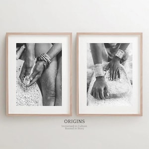 Africa Wall Art Set Of 2 | Hands Print Set | Food Kitchen Prints | Black And White Photo | Ethnic Afrocentric Interior | Afro Boho Decor