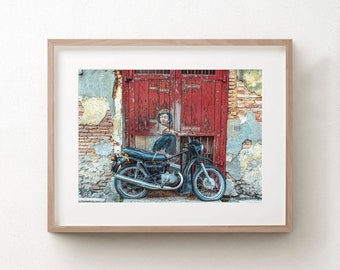 Graffiti Wall Art, Penang Street Art, Malaysia Photography, Boy On Motorcycle Print, Large Wall Art Prints, Stretched Canvas, Motorcycle Art