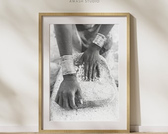 Arte mural de cocina africana: Impresión de comida en blanco y negro / Fotografía de pulseras tribales / Decoración cultural etíope / Decoración afro bohemia / Afrocéntrica