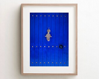 Arte mural marroquí / Mano de Fátima / Foto de la ciudad azul de Chefchaouen / Decoración marroquí / Puerta rústica / Arte en lienzo / Decoración azul / Arte islámico
