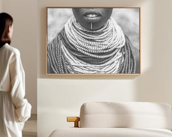 Lienzo de mujeres africanas / Arte de mujeres negras / Fotografía en blanco y negro / Arte afroamericano / Decoración afroétnica / Lienzo con collar de cuentas