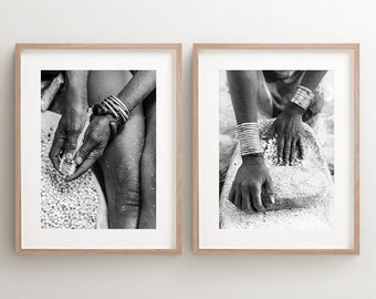 Africa Wall Art Set Of 2, Hands Print Set, Food Kitchen Prints, Black And White Photo, Ethnic Afrocentric Interior, Restaurant Cafe Decor