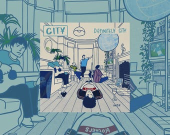 Könnte beinhalten: Blau-weiße Illustration eines Raumes mit Personen, einer Gitarre und einem Schallplattencover mit der Aufschrift "CITY Definitely City". Das Kunstwerk ist im Comic-Stil gehalten.